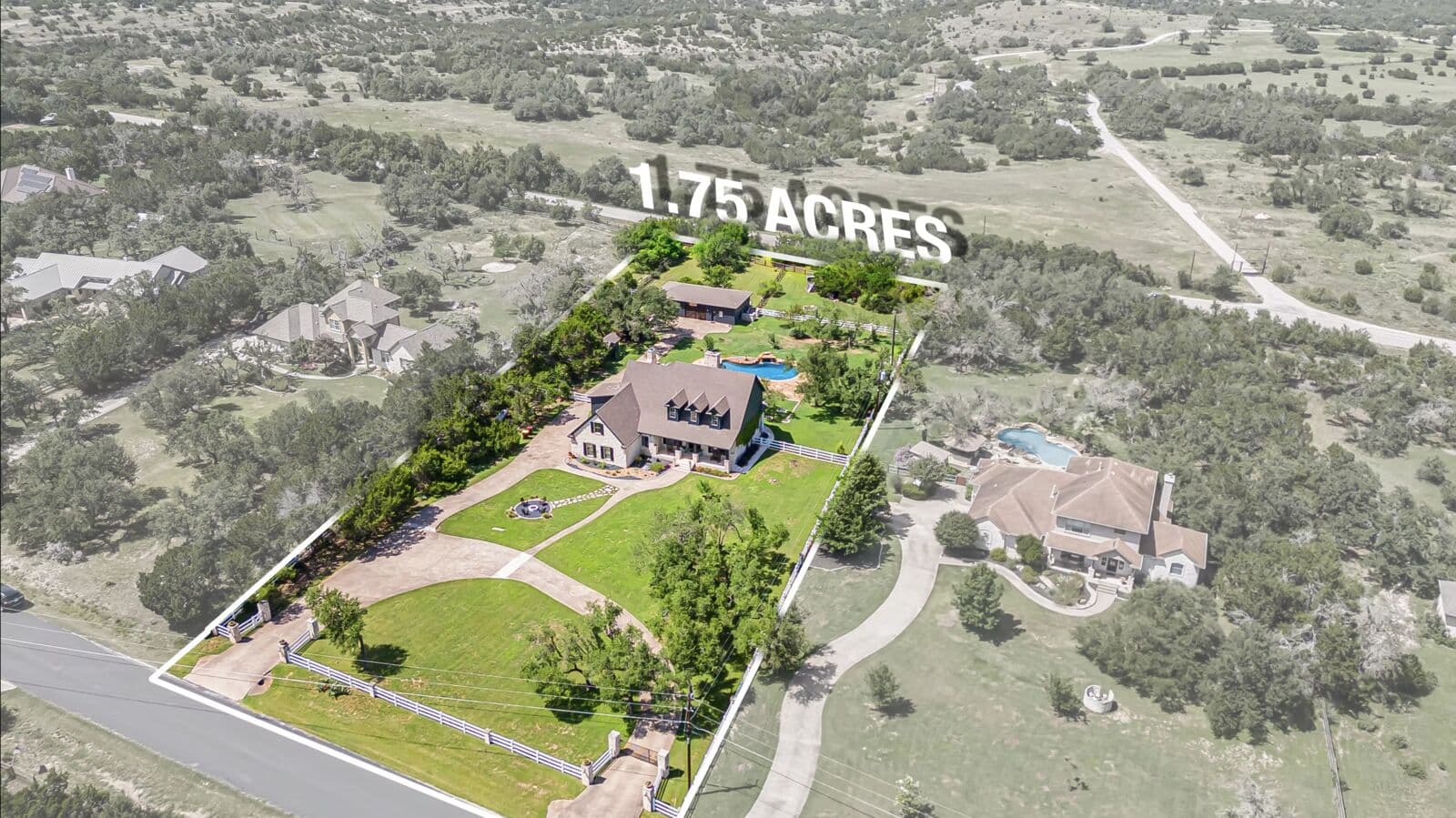 Aerial photo of an acreage property with lot lines drawn