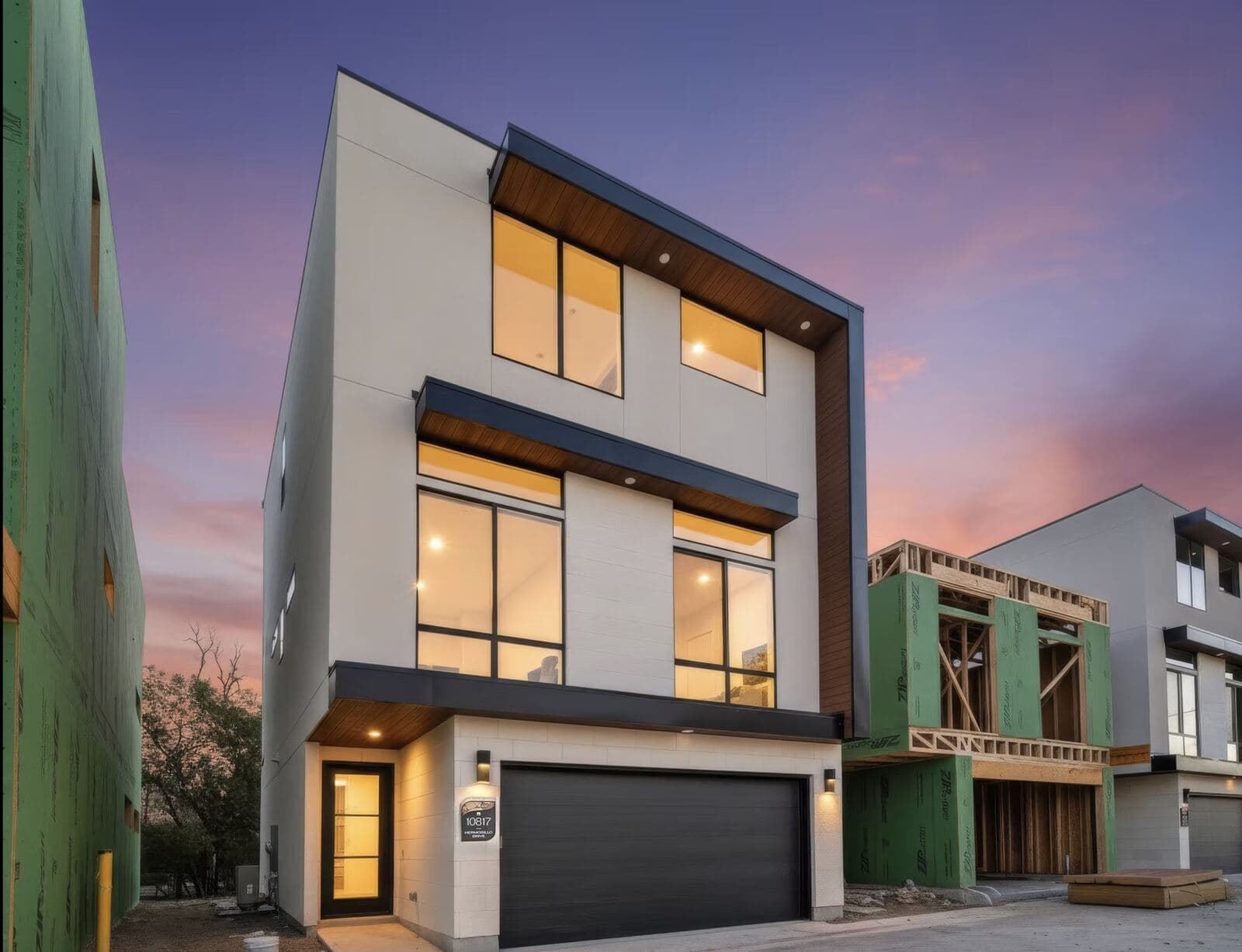 Modern three-story home at twilight